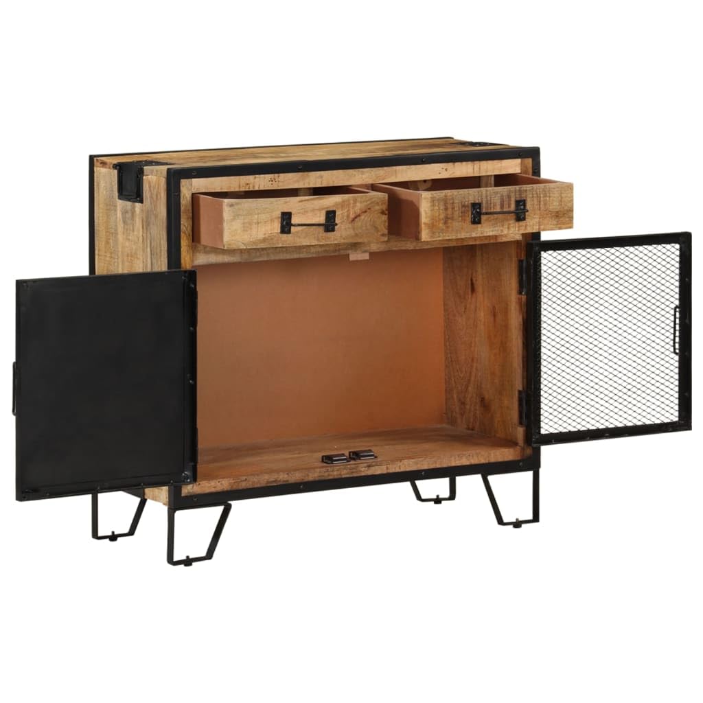 vidaXL Industrial Style Sideboard – Handmade Solid Rough Mango Wood and Steel Storage Cabinet – Unique Distinctive Woodgrains – Ample Space with Drawers and Steel Doors
