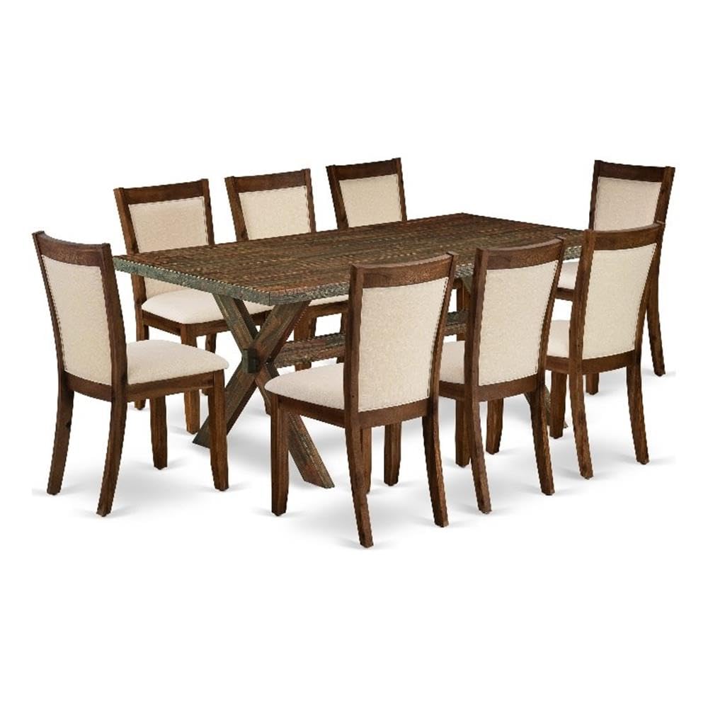 East West Furniture X777Mzn32-9 9 Piece Dining Room Set Includes A Rectangle Kitchen Table With X-Legs And 8 Light Beige Linen Fabric Parson Dining Chairs, 40X72 Inch, Multi-Color