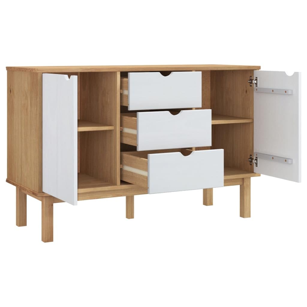 vidaXL OTTA Brown and White Wooden Sideboard, 44.7&quot;x16.9&quot;x28.7&quot;, Solid Pinewood and Engineered Wood, Scandinavian Design with 3 Drawers and 2 Compartments