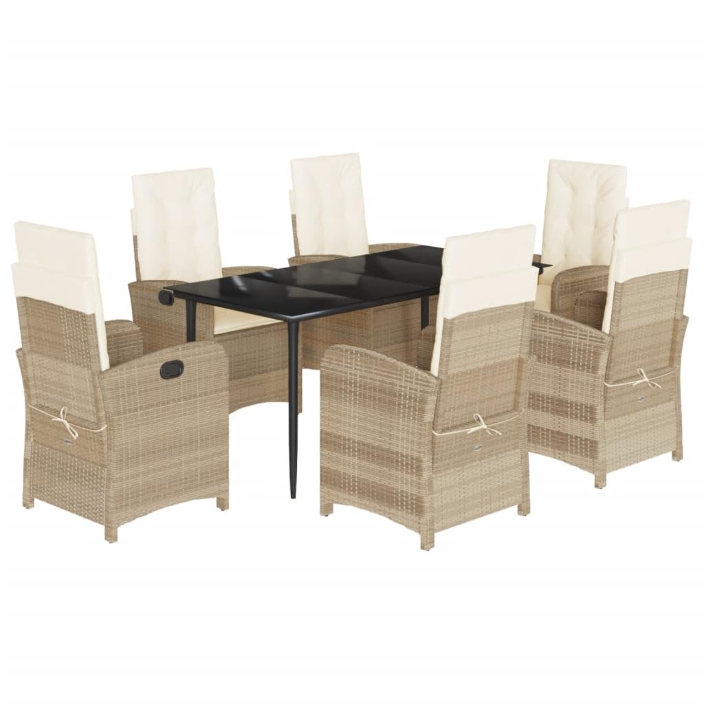 vidaXL 7 Piece Patio Dining Set with Cushions Beige Poly Rattan - Reclining Garden Chairs & Tempered Glass Table