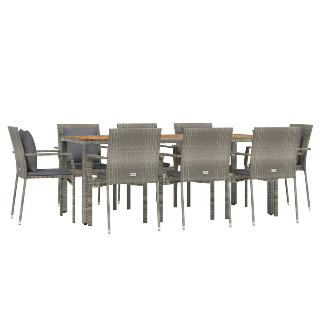 vidaXL Modern Patio Dining Set - Gray Poly Rattan with Dark Gray Cushions - Including 8 Garden Chairs and Solid Acacia Wood Tabletop - Perfect for Garden, Outdoor Dining and Relaxing