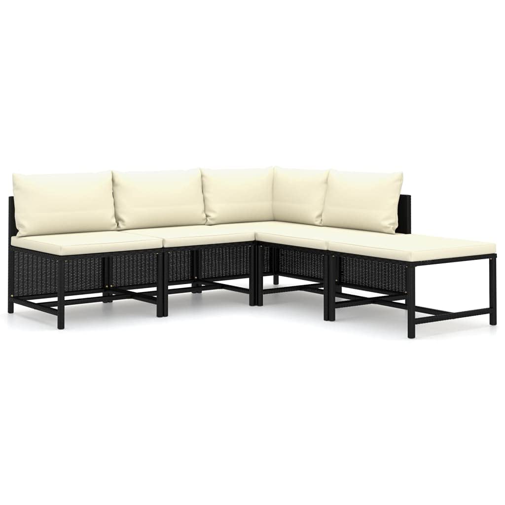 vidaXL 5-Piece Patio Lounge Set, PE Rattan Construction with Powder-Coated Steel Frame, Cream White 100% Polyester Cushions, Includes Corner and Middle Sofas, Footstool - Black
