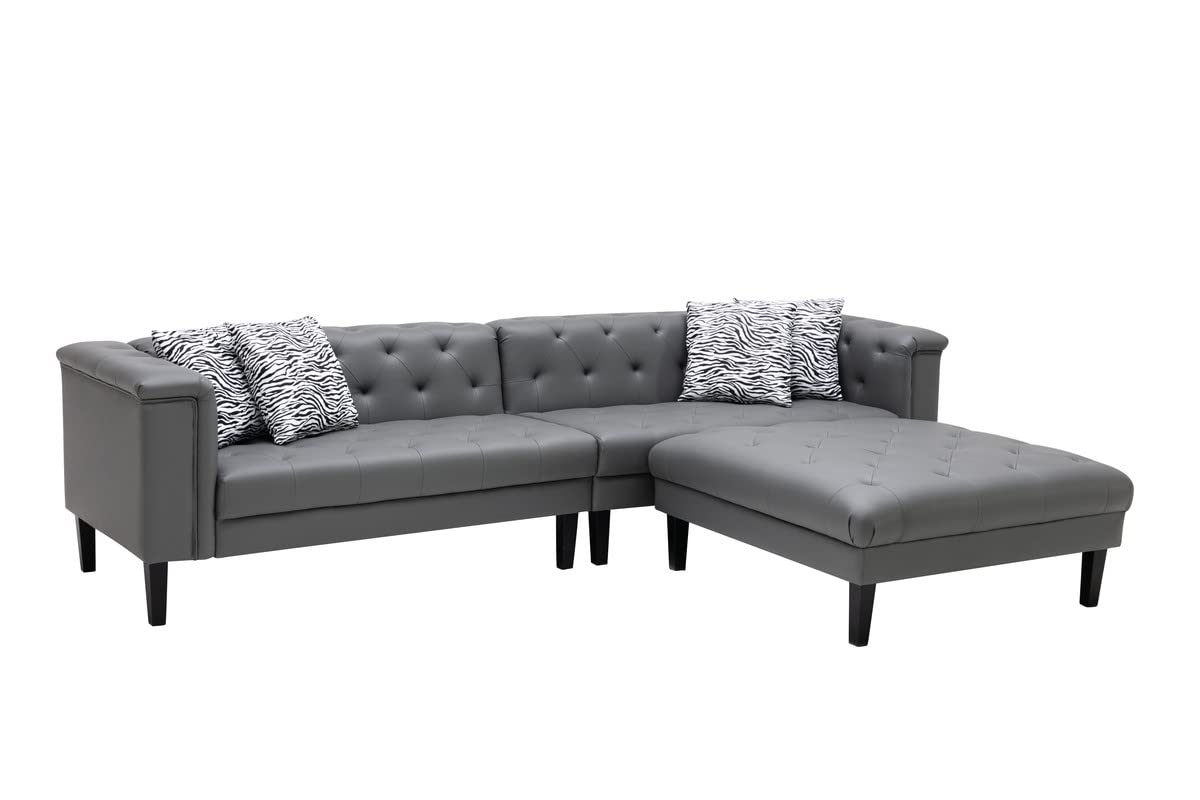 Lilola Home Sarah Gray Vegan Leather Tufted Sofa Ottoman Living Room Set with 4 Accent Pillows