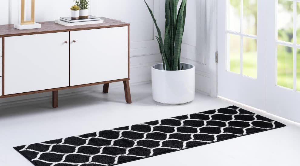 Unique Loom Trellis Frieze Collection Area Rug - Rounded (2' X 8' 8'' Runner, Black/ Ivory)