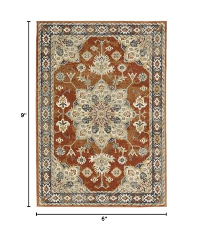 HomeRoots 508443 6 x 9 ft. Rust Beige Teal Blue & Gold Oriental Power Loom Stain Resistant Rectangle Area Rug