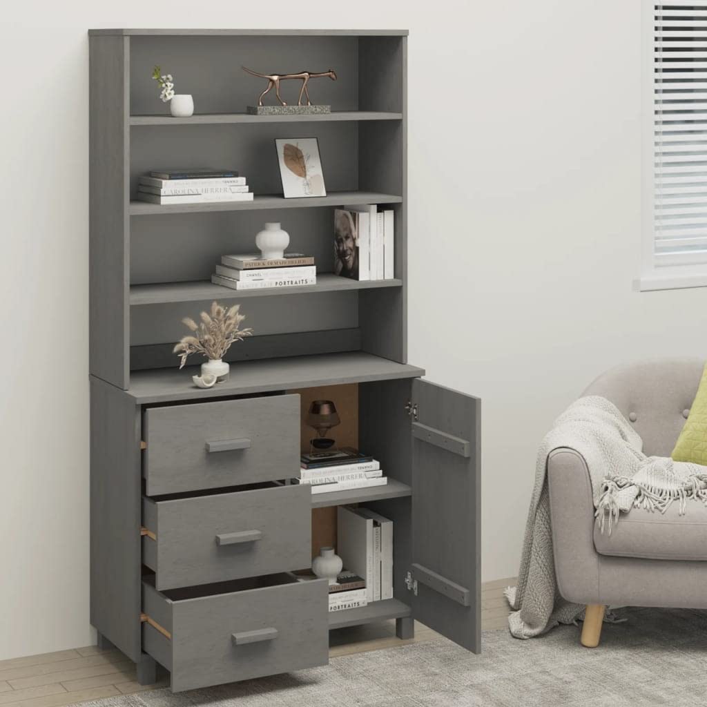 vidaXL Drawer Cabinet Bookshelf Organizer - Solid Pinewood, 3 Drawers, 3 Shelves, Light Gray, 35.4&quot; x 15.7&quot; x 70.9&quot;