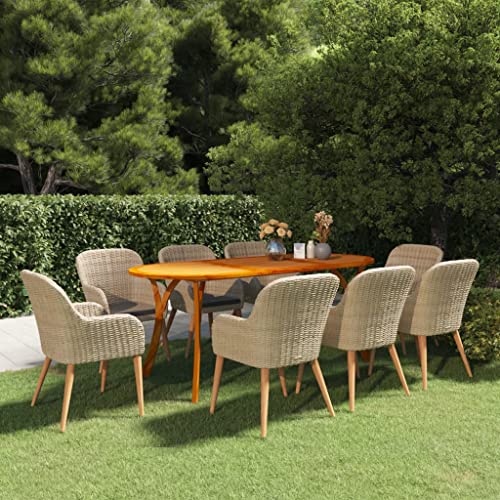 vidaXL 9-Piece Outdoor Patio Furniture Set - Weather-Resistant Brown PE Rattan Dining Chairs, Solid Acacia Wood Table with Oil Finish - Modern Style - Assembly Required