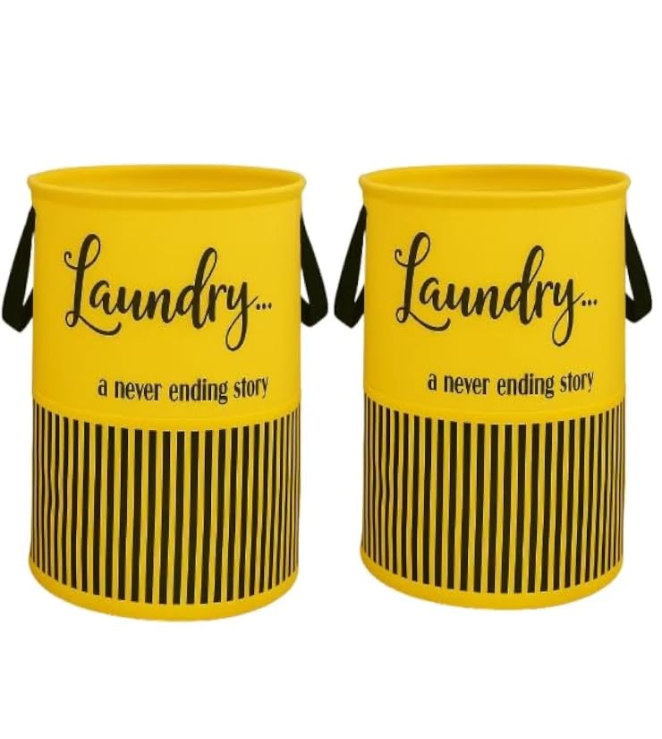 JoyeCrafts Decorative Laundry Hamper with Handles, Yellow Striped Pattern, Set of 2