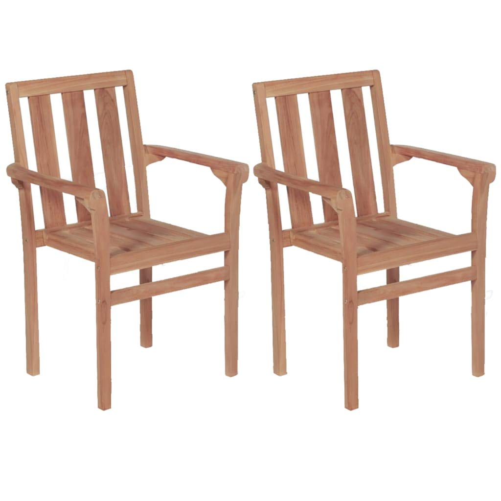 vidaXL 2X Solid Teak Wood Stacking Patio Chairs Water-Base Finish Outdoor Home Backyard Patio Seat Seating Relaxer Armchair Furniture