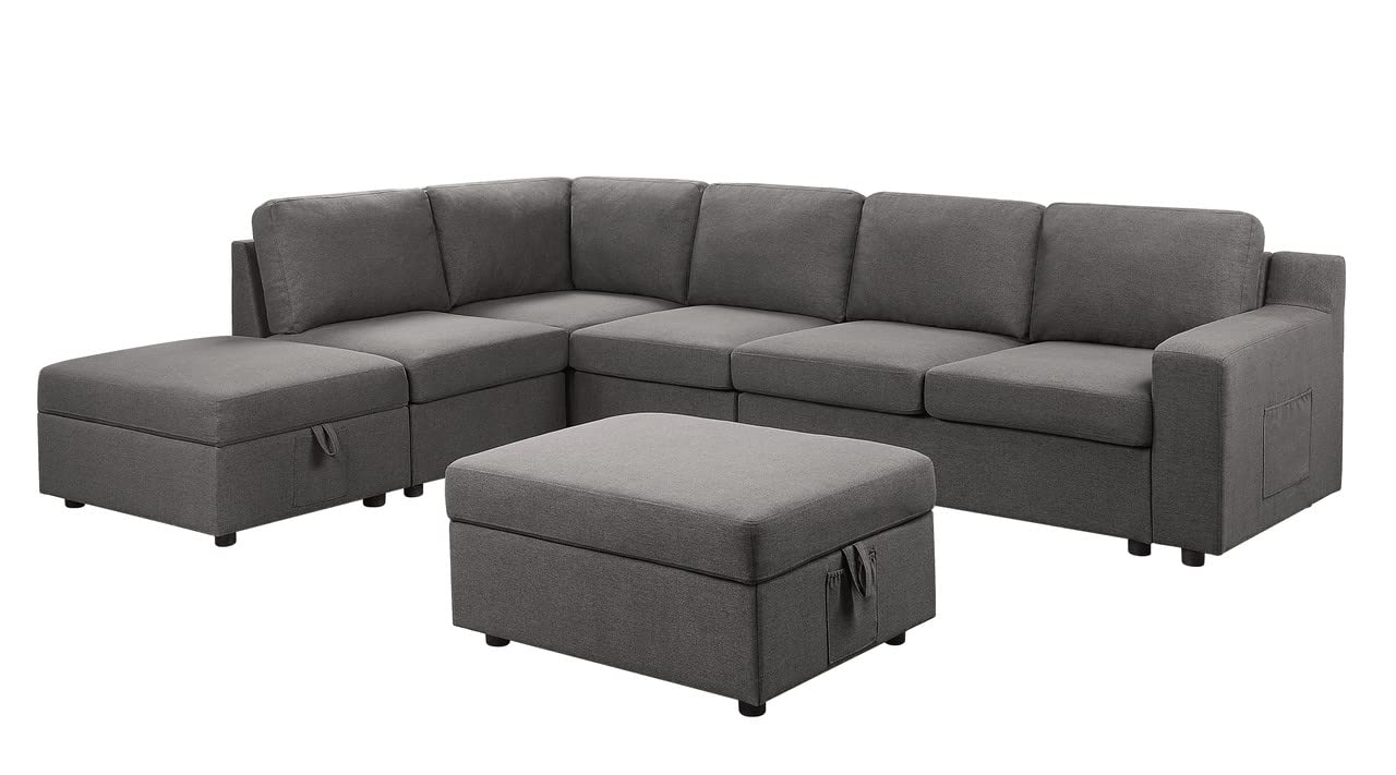 Lilola Home Waylon Gray Linen 6-Seater L-Shape Sectional Sofa - Thumbnail 3