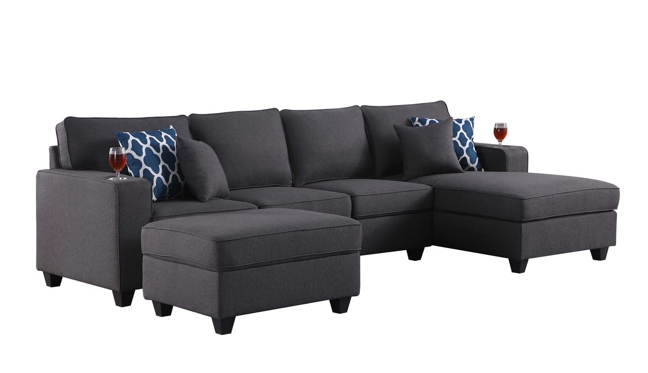Lilola Home Cooper Dark Gray Linen 5Pc Sectional Sofa Chaise with Ottoman and Cupholder