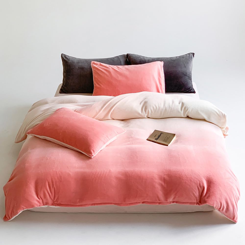 Clothknow Pink White Comforter Set Full 3Pcs Pink Velvet Gradient Bedding Comforter Sets Girls Women Comforter Soft Pink Full Si