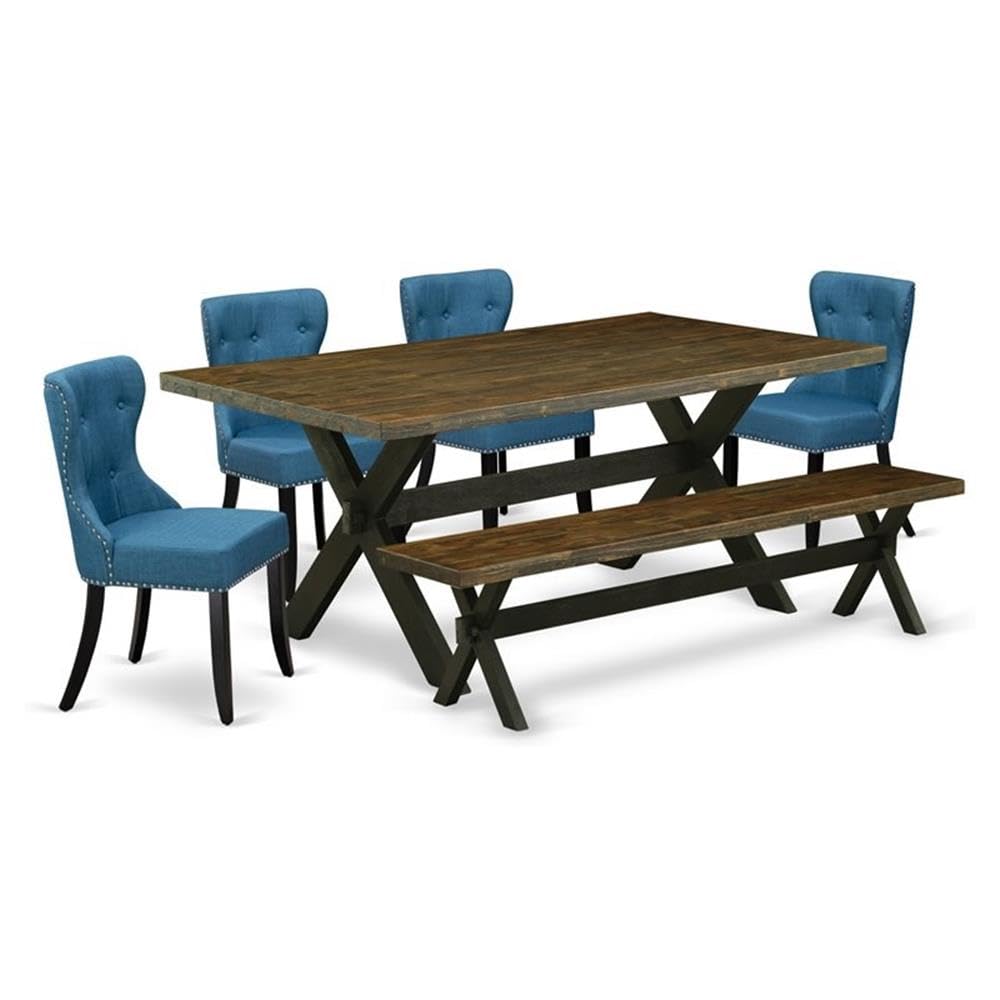 East West Furniture X677Si121-6 6 Piece Dining Set Contains A Rectangle Dining Room Table With X-Legs And 4 Blue Linen Fabric Parson Chairs With A Bench, 40X72 Inch, Multi-Color