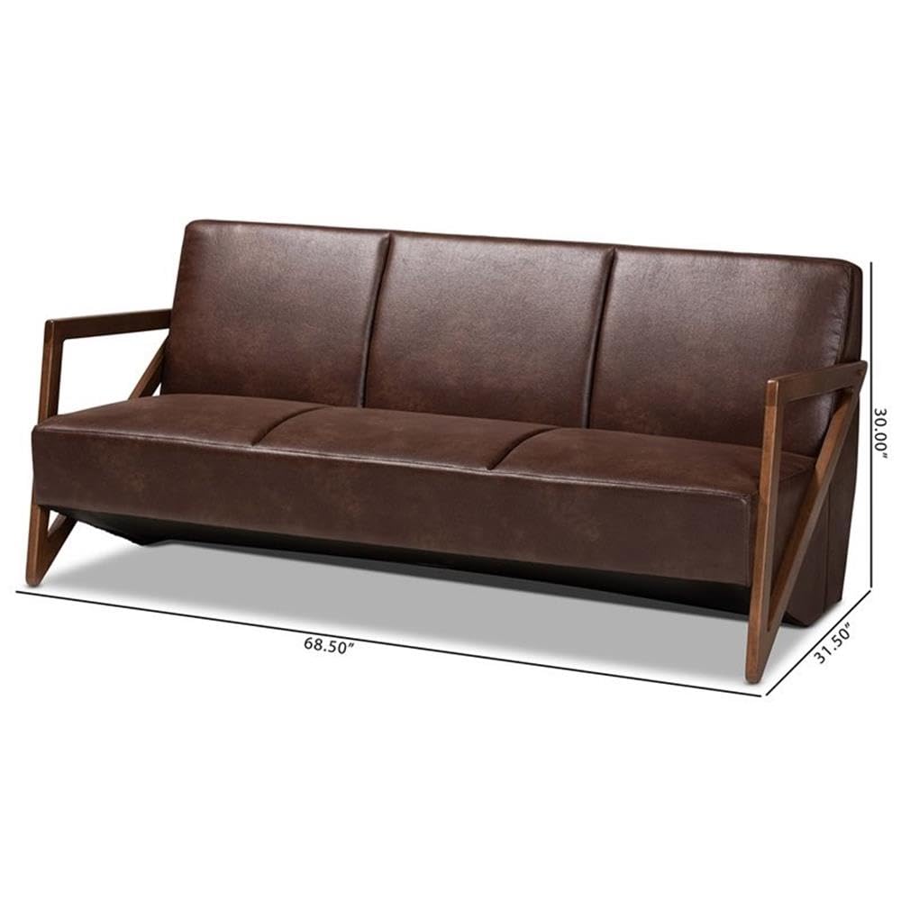 Baxton Studio Christa Mid-Century Modern Transitional Dark Brown Faux Leather Effect Fabric Upholstered and Walnut Brown Finished Wood Sofa
