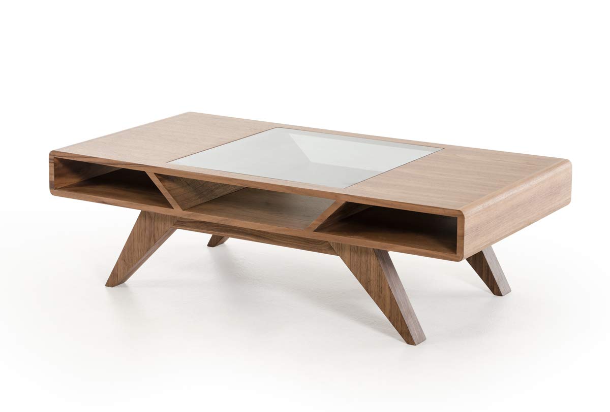 HomeRoots Veneer, Glass, Wood Modern Walnut Coffee Table