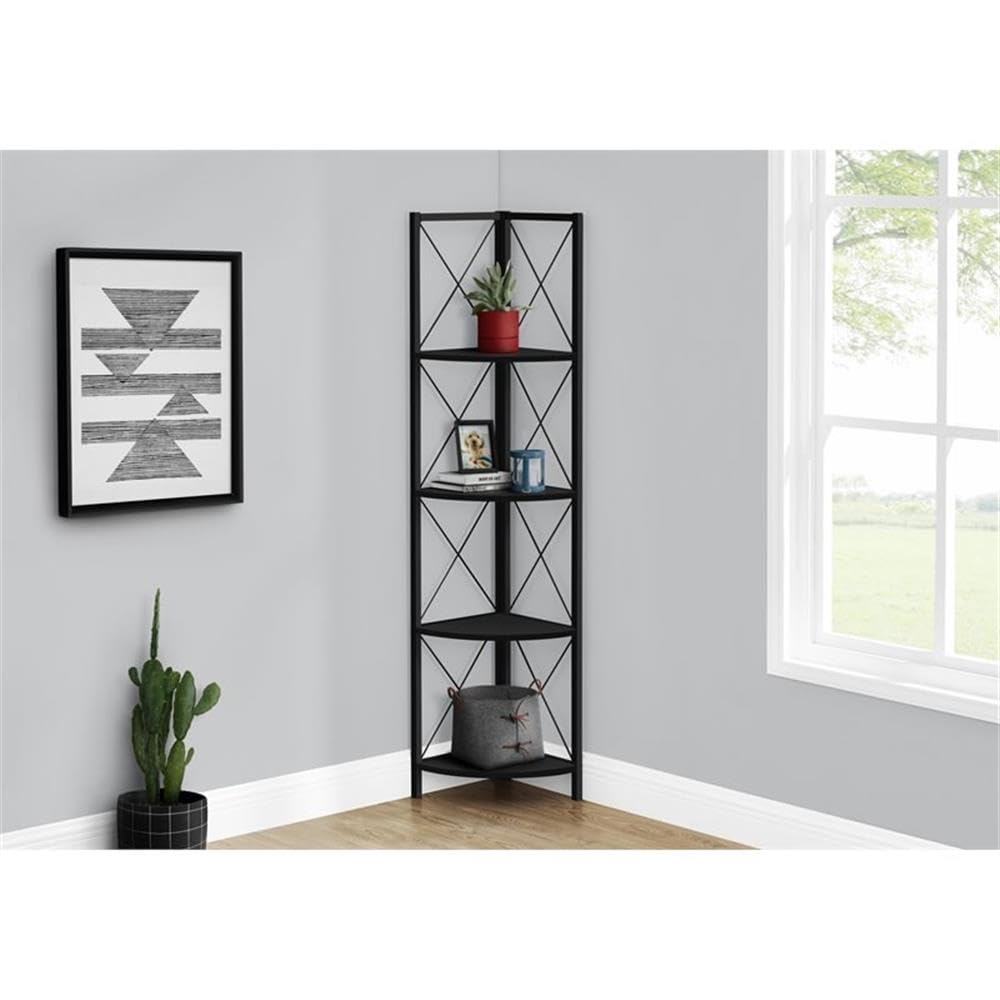 Monarch Specialties I 3649 Bookshelf, Bookcase, Etagere, Corner, 4 Tier, 60' H, Office, Bedroom, Metal, Laminate, Black, Contemporary, Modern