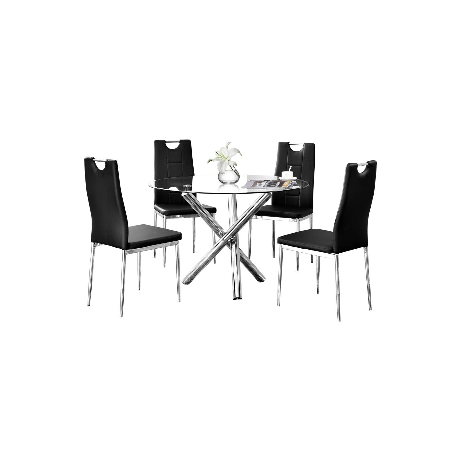 Best Master Furniture Crystal 5 Pcs Round Glass Top Dinette Set, 5-Piece, Black