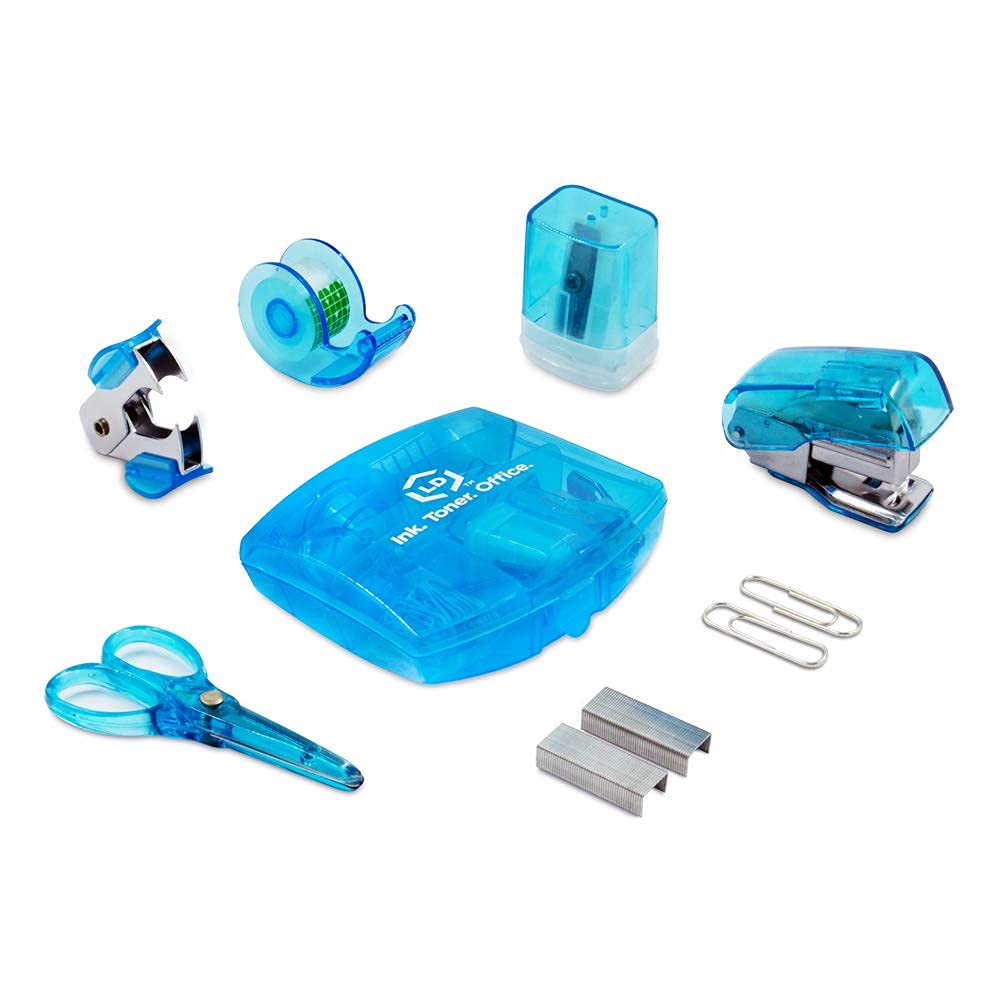 Ld Products Blue Mini Office Supply Kit Portable Case With Scissors, Paper Clips, Tape Dispenser Set, Pencil Sharpener, Mini Sta
