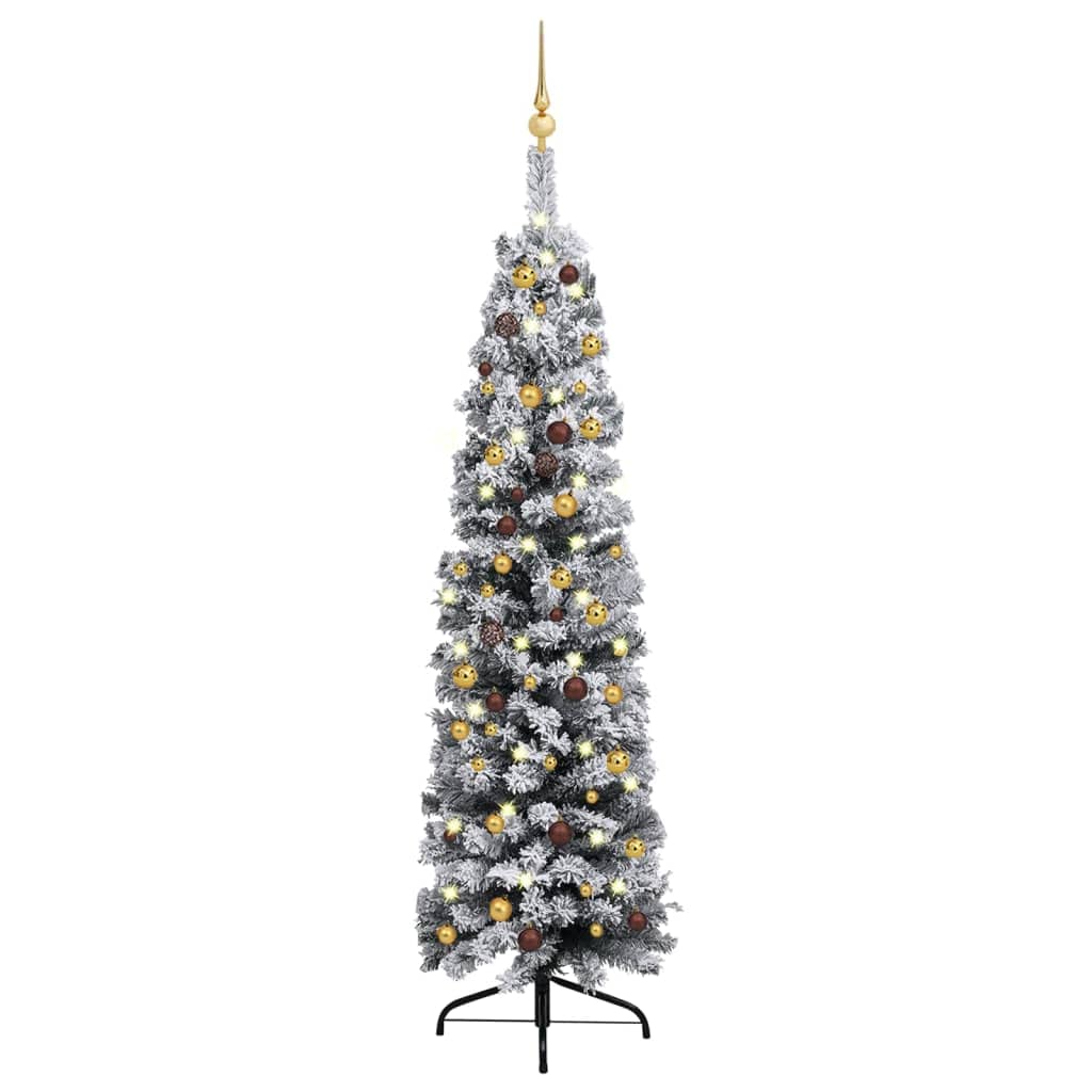 vidaXL Slim Artificial Christmas Tree 70.9&quot; with Flocked Snow, LED Lights & Decorative Ball Set in Gold and Bronze Shades