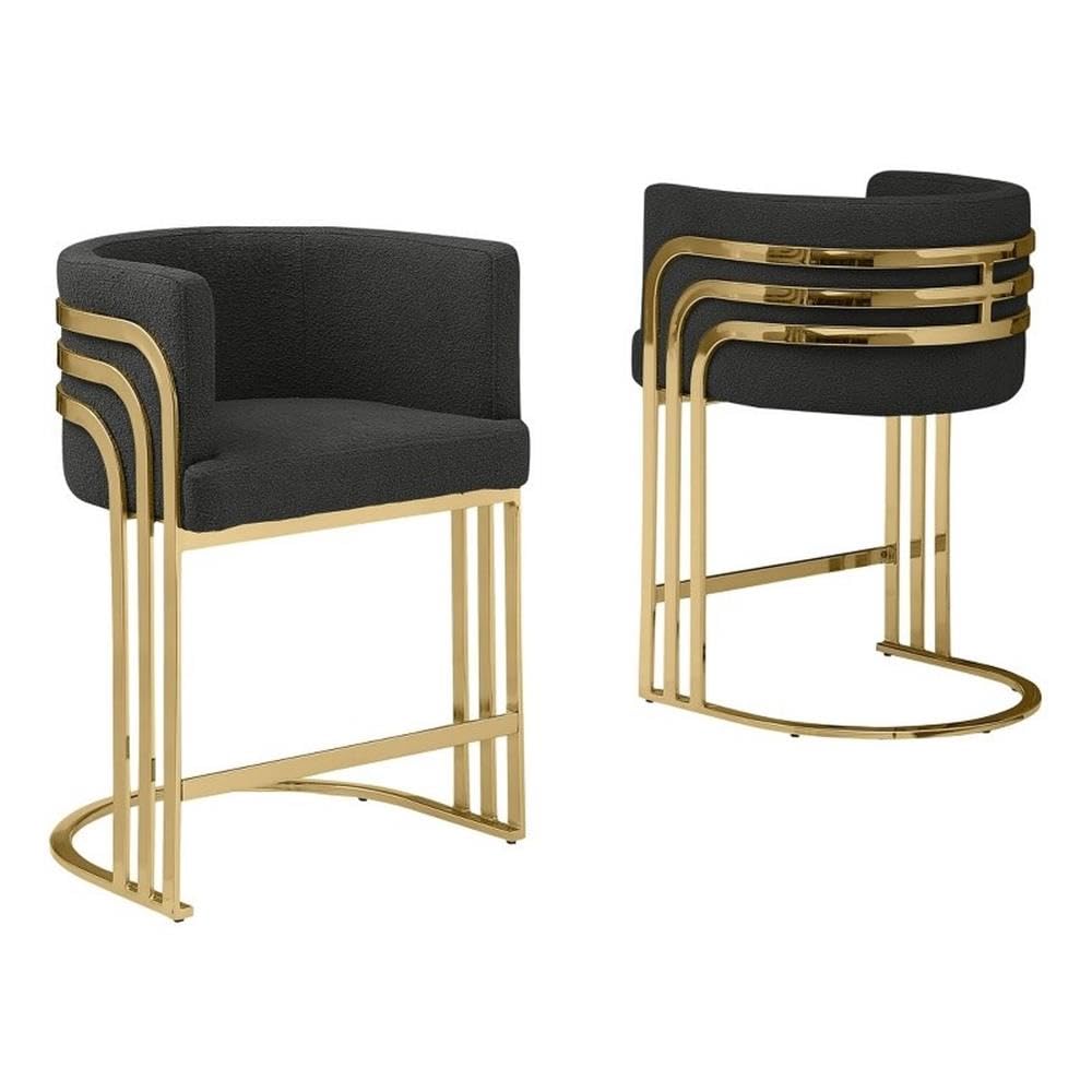 Best Quality Furniture Modern Teddy Fabric Counter Height Stools with Chrome Legs - Black - Elegant Barrel Design with Gold Frame - Set of 2 - Perfect for Dining Room, Bar, Office, or Living Room