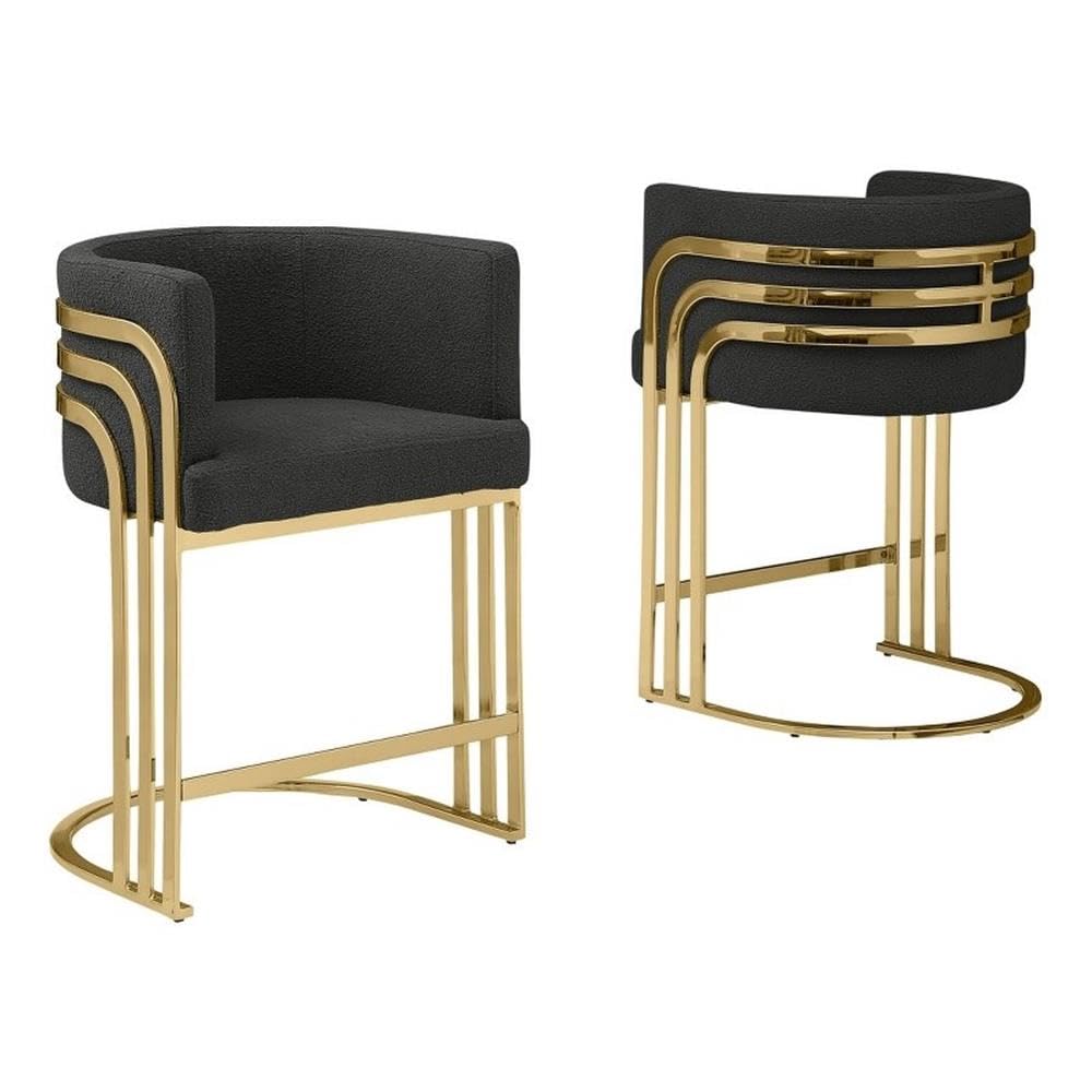 Best Quality Furniture Modern Teddy Fabric Bar Stools with Chrome Legs - Black - Elegant Barrel Design with Gold Frame - Set of 2 - Perfect for Dining Room, Bar, Office, or Living Room