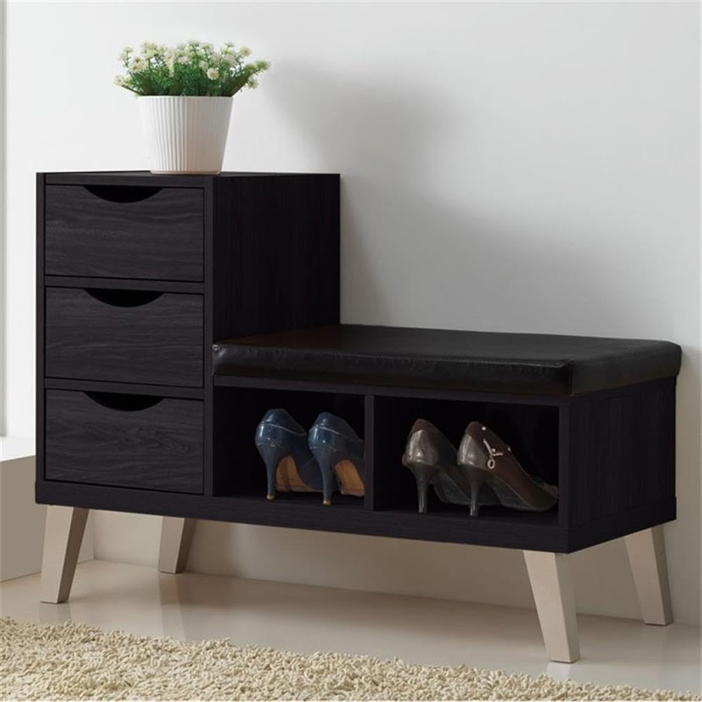 Baxton Studio Arielle Modern Contemporary Wood 3 Drawer Shoe Storage Padded Leatherette Seating Bench with Two Open Shelves, Dark Brown