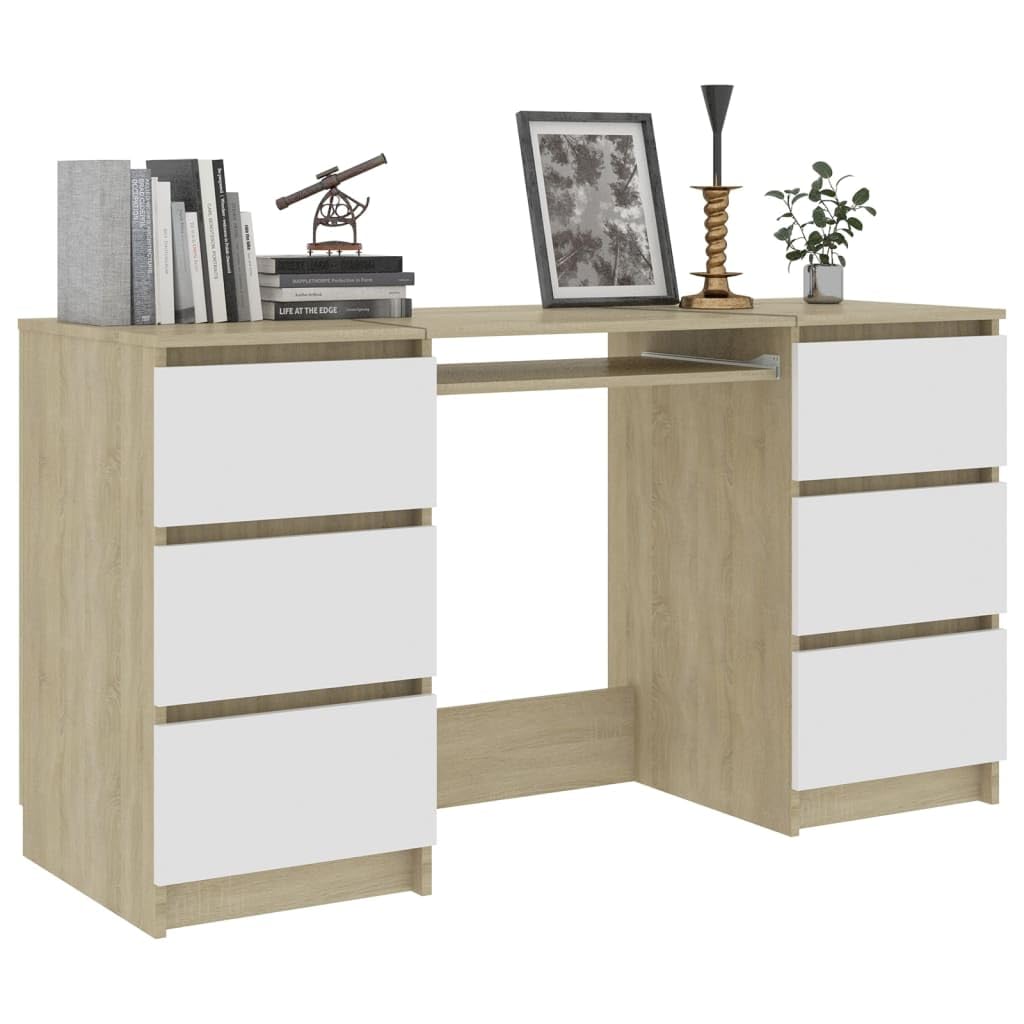 vidaXL Engineered Wood Writing Desk - White and Sonoma Oak Finish - Compact and Space-Saving Design with 6 Drawers - Ideal for Office, Dorm or Study Room