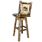 Montana Woodworks Glacier Country Collection Barstool with Back & Swivel, Upholstered Seat, Woodland Pattern with Laser Engraved Moose Design, Stained & Lacquered