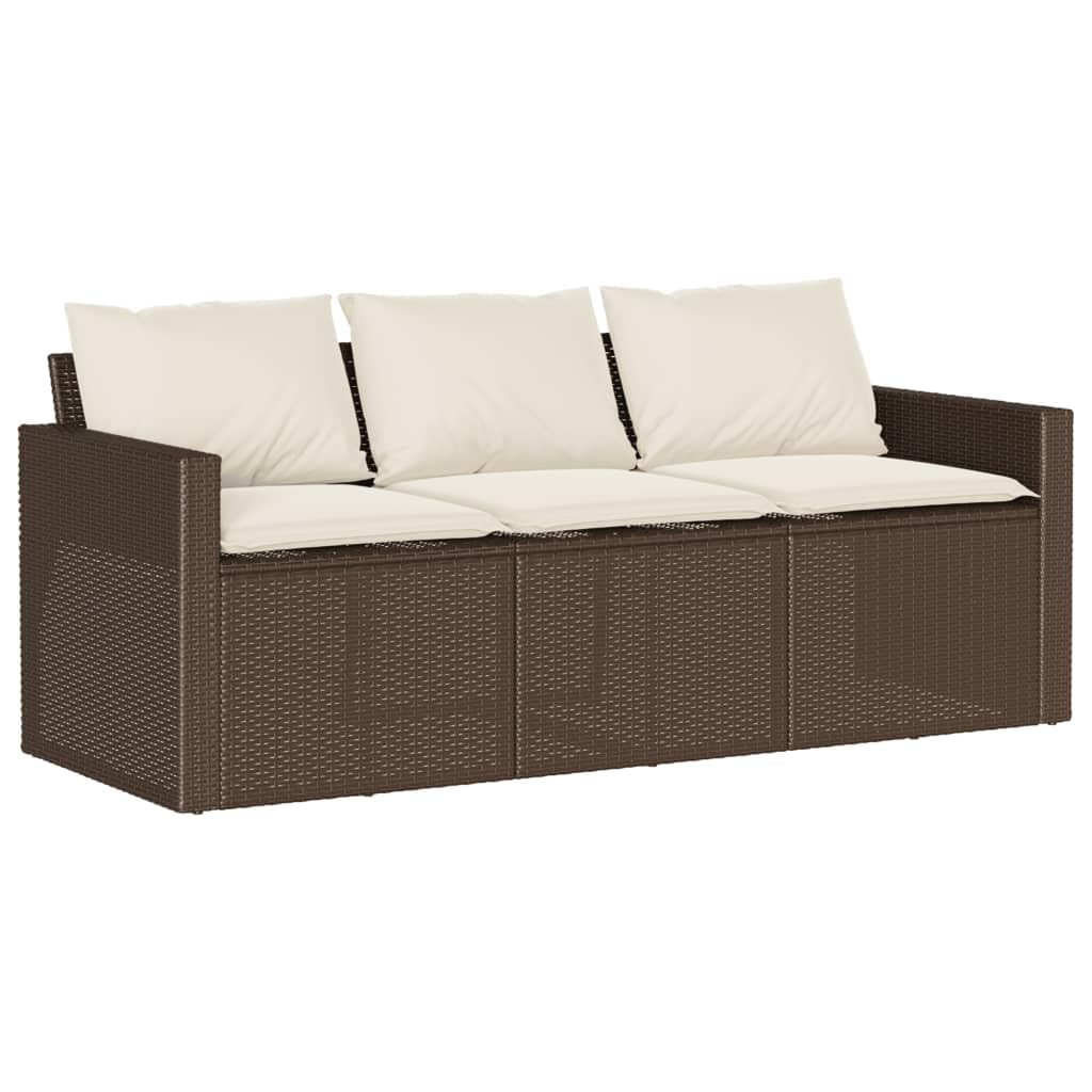 vidaXL Patio Sofa with Cushions - 3-Seater Brown Poly Rattan Outdoor Garden Furniture - 69.7" W x 27.6" D x 26.8" H - Removable and Washable Covers