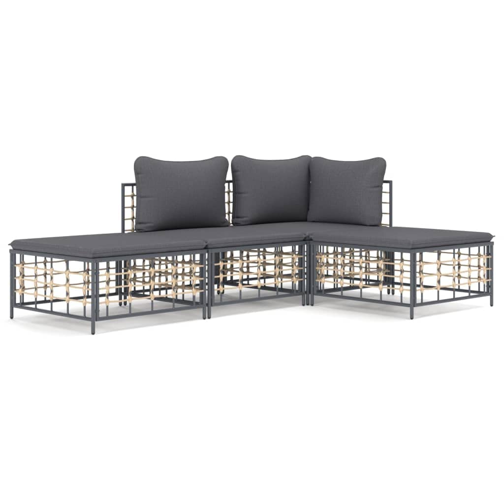 vidaXL 4-Piece Outdoor Patio Lounge Set - Anthracite Poly Rattan with Dark Gray Cushions for Garden, Terrace, Deck