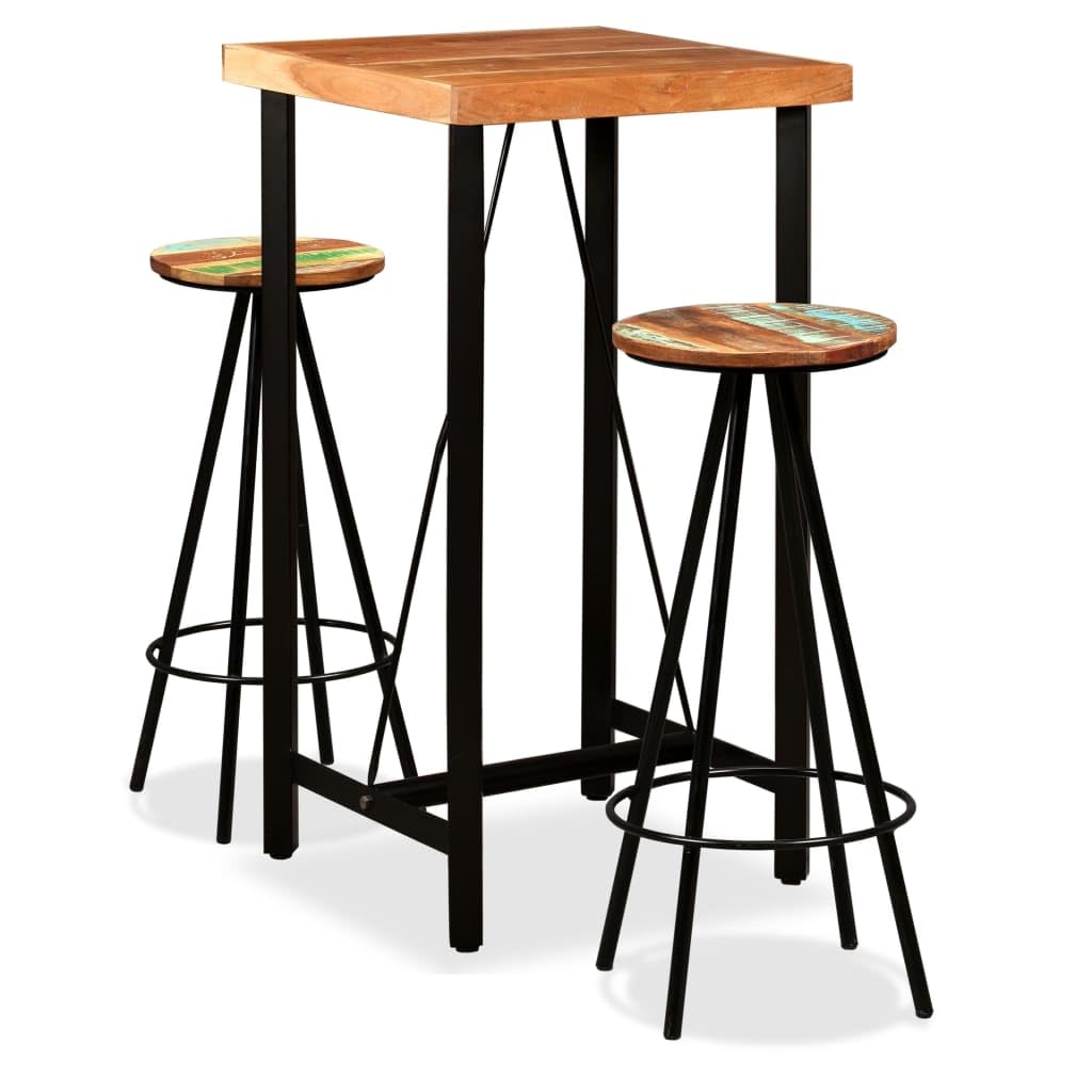 Vidaxl Solid Acacia Wood Bar Set 3 Piece Heavy Duty Rustic Industrial High Stools Bistro Pub Restaurant Seating Set Solid Reclaimed Wood Steel