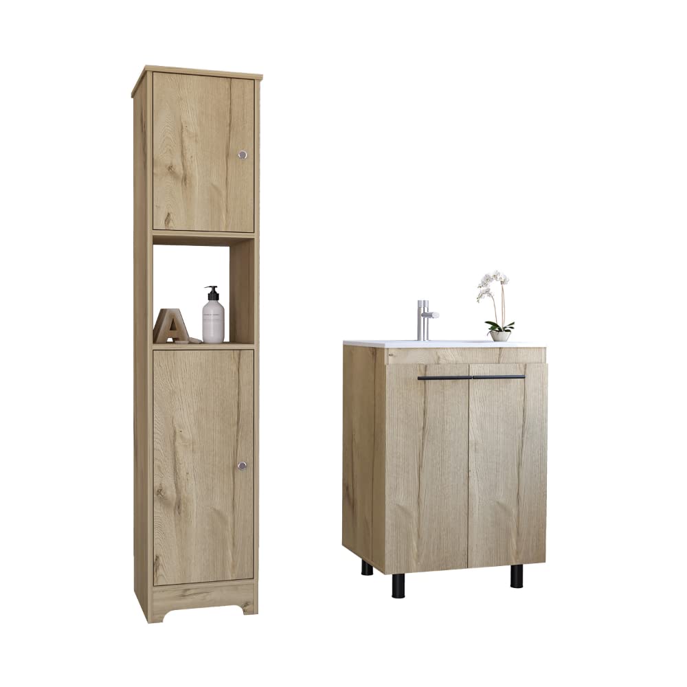 Depot E-Shop Hartford 2-Piece Bathroom Set With Linen Cabinet And Bathroom Vanity, Light Oak