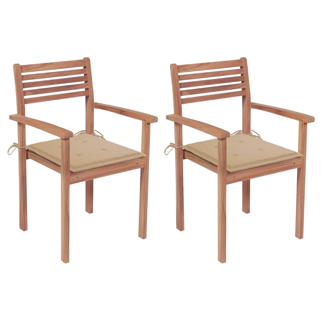 vidaXL Set of 2 Patio Chairs with Beige Cushions - Stackable Outdoor Furniture Made from Solid Teak Wood - Ideal for Homes, Offices, Bars, and Cafes