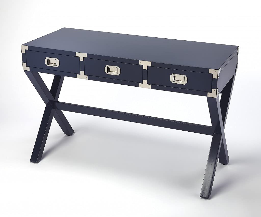 HomeRoots Rubberwood Solids, MDF Dark Blue Campaign Style Desk