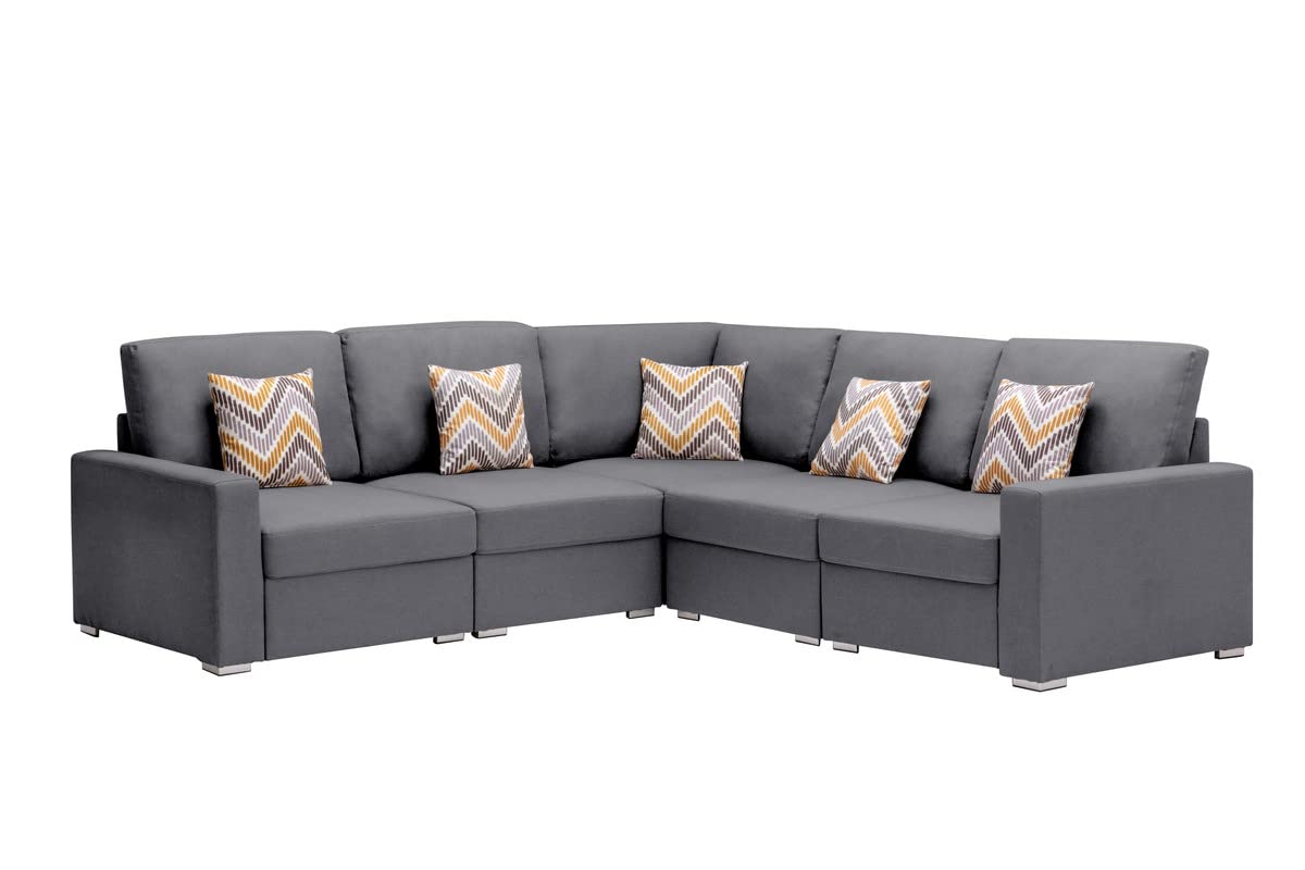 Lilola Home Nolan Gray Linen Fabric 5Pc Reversible Sectional Sofa with Pillows and Interchangeable Legs