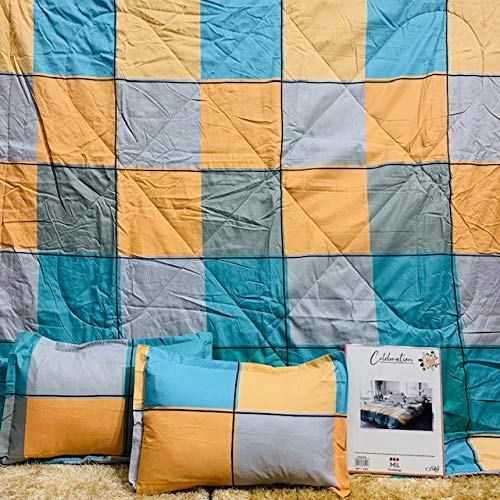 Mil Furnishings Glace Cotton Double King Size Duvet Comforter With 1 Flat Bedsheet 90X100 And 2 Pillow Covers , Checkered Gree