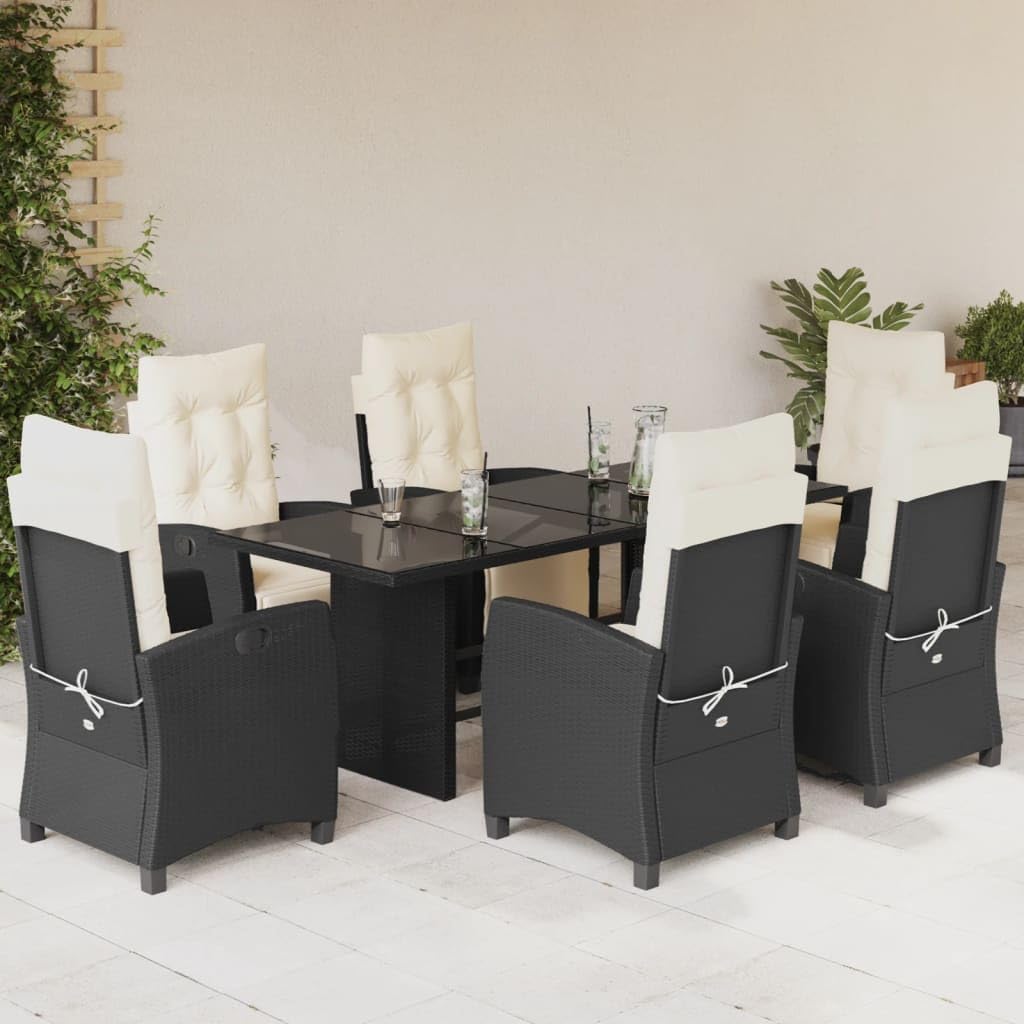 vidaXL - 7 Piece Patio Dining Set with Cushions/Black Poly Rattan/Adjustable Seats and Glass Tabletop/Outdoor, Garden, Backyard