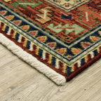 HomeRoots 509266 8 x 11 ft. Brick Red Orange Rust Beige Gold Pale Blue Olive Navy & Black Oriental Power Loom Stain Resistant Rectangle Area Rug with Fringe, Rectangular