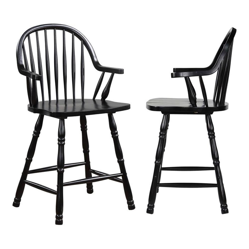 Sunset Trading 24' Windsor Wood Barstools With Arms In Antique Black (Set Of 2)