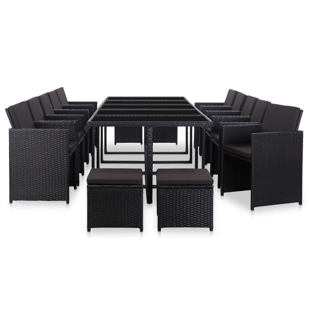 15 Piece Patio Dining Set with Cushions Poly Rattan Black