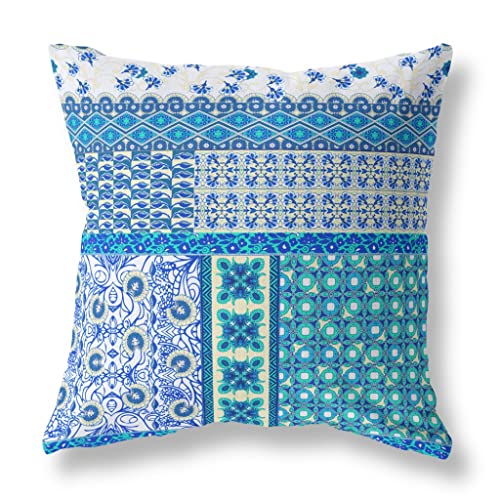 HomeRoots White and Blue 16â€ Turquoise Blue Patch Zippered Suede Throw Pillow