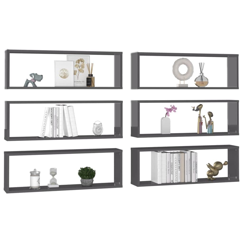 vidaXL Wall Cube Shelves 6 pcs High Gloss Gray 31.5"x5.9"x10.4" Engineered Wood
