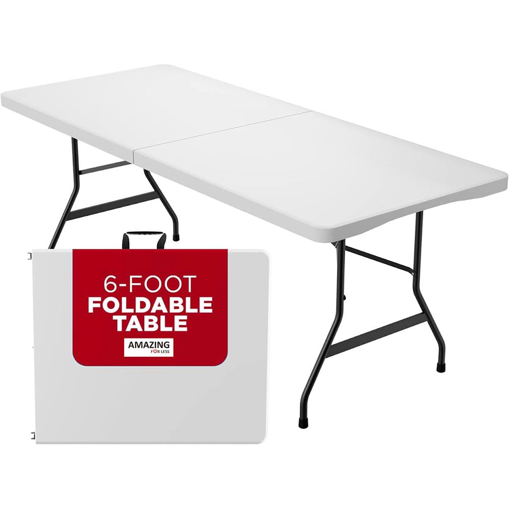 Amazing For Less 6Ft Folding Table White Plastic Folding Table Portable Long Foldable Tables Indoor Outdoor Picnic Camping Fold Table 6 Foot Party Table (4Ft, 6Ft, 8Ft)
