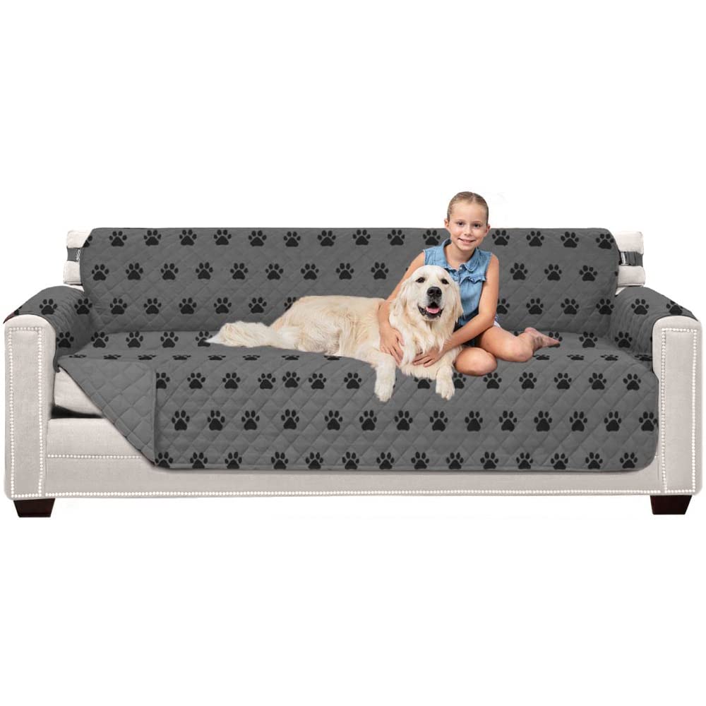 Sofa Shield Couch Slip Cover With Patented Strap, Cushion Protector, Reversible Stain And Dog Tear Resistant Slipcover, Quilted Microfiber 78” Seat, Washable Covers For Dogs Pets Kids, Paw Gray Black