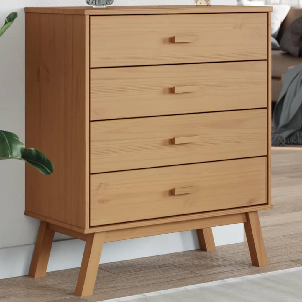 vidaXL Olden Drawer Cabinet - Solid Pinewood Brown Storage Sideboard with 4 Drawers and Wood Feet for Hallway/Living Room/Bedroom, 30.1x15.4x35.4 inches