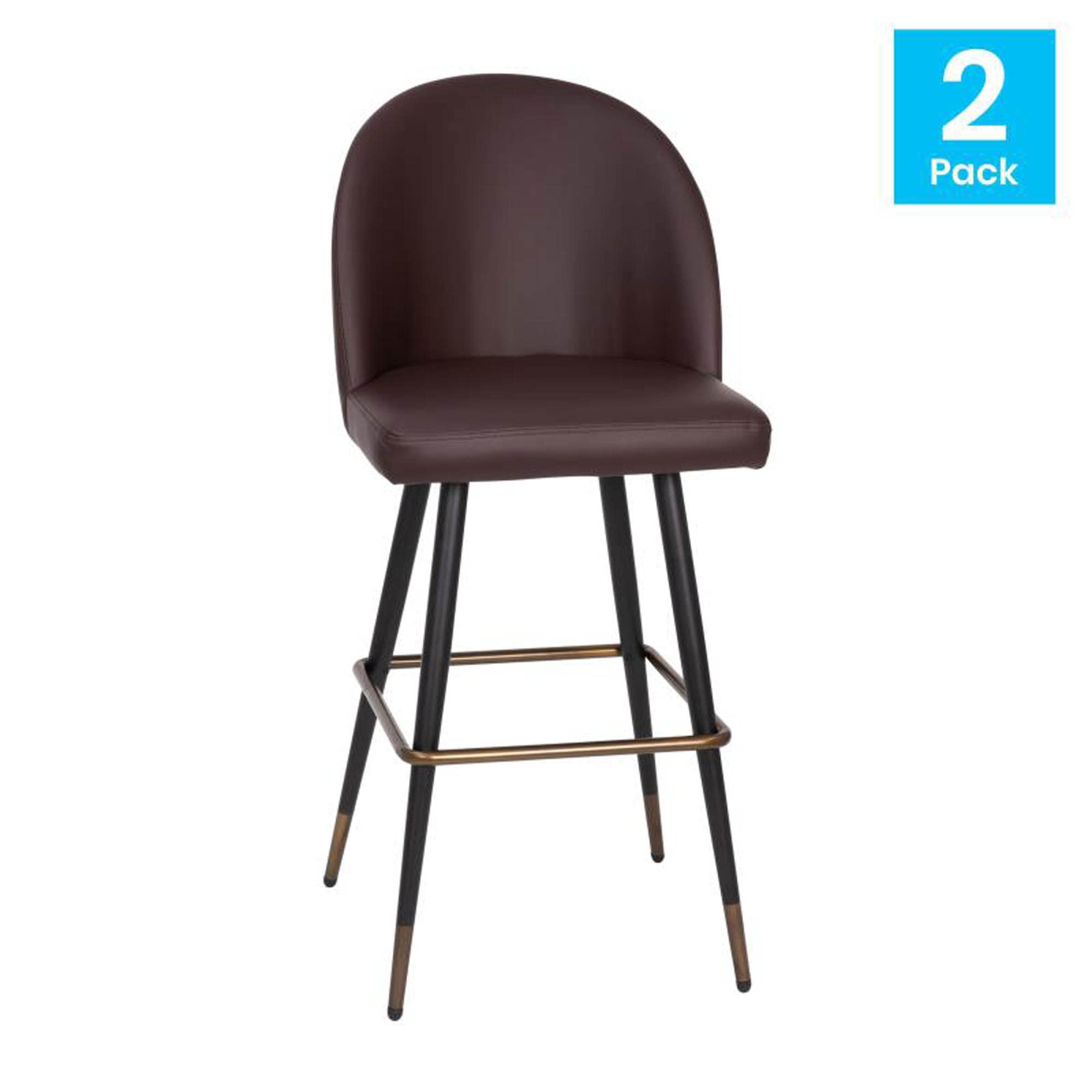 Flash Furniture Lyla Commercial Grade Modern Armless Barstools - Brown Leathersoft Upholstery - 30&Quot; Barstool - Contoured Backrest - Steel Frame & Footrest - Set Of 2
