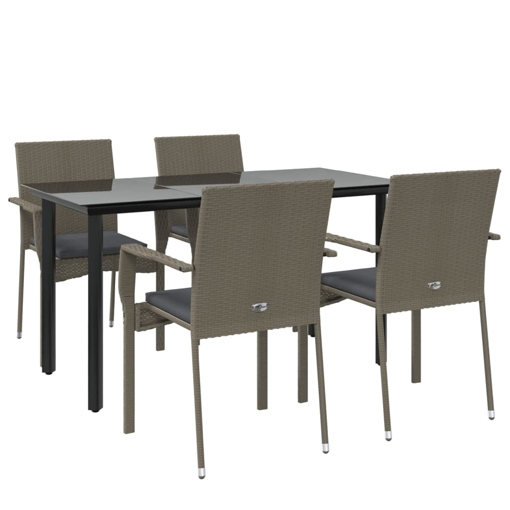 vidaXL 5-Piece Outdoor Patio Dining Set Made of Black and Gray Poly Rattan - Includes Garden Chairs with Cushions and Glass-top Table, Onesize