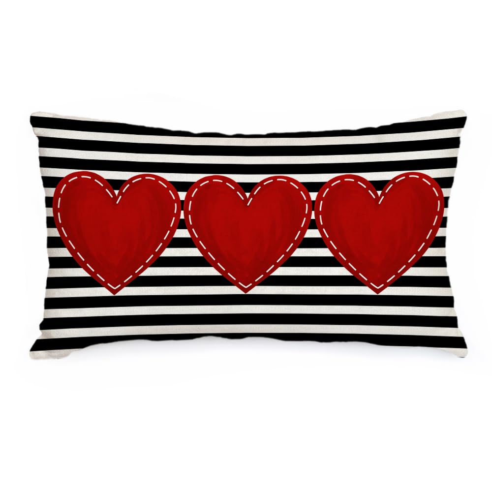 Aacors Valentines Day Pillow Cover 12X20 Inch Striped Red Heart Decorations Farmhouse Cushion Case For Sofa Couch Decor
