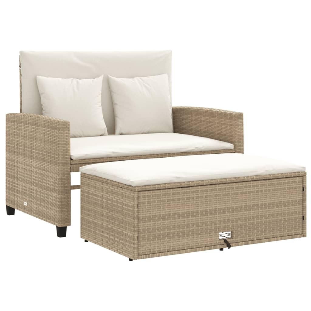 vidaXL 2-Seater Patio Sofa Bench - PE Rattan, Beige, Sofa Bed with Footstool Storage, Cushions with Removable Covers
