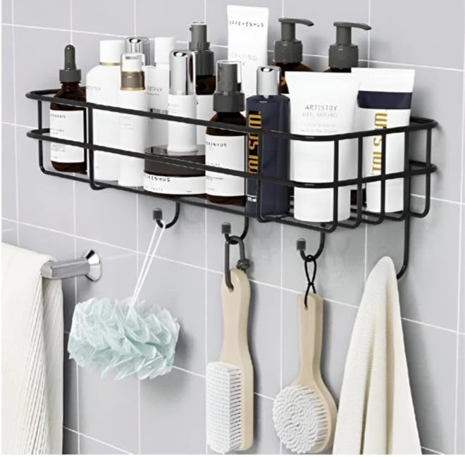 WallMounted Bathroom Storage Rack With Hooks, Black Metal Wire Basket Shelf Organiser For Bathroom Accessories